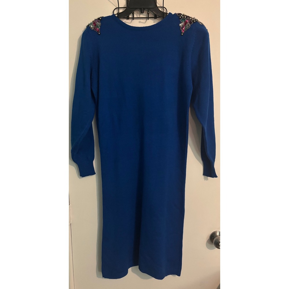 Vintage 80s Plain Blue Sweater Dress Sequin Appliques Long Sleeve Midi Acrylic